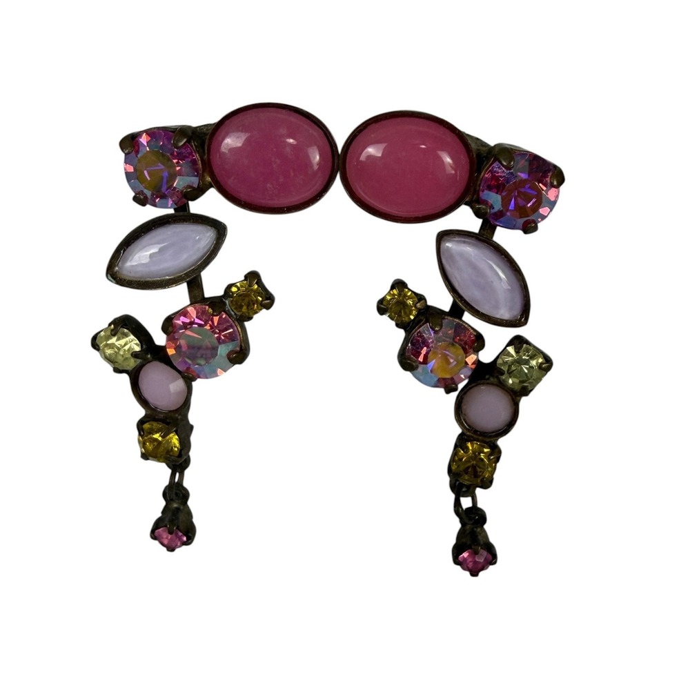 Sorrelli Vintage Pink Lavender Crystal Cluster Drop Earrings Antique Brass Tone